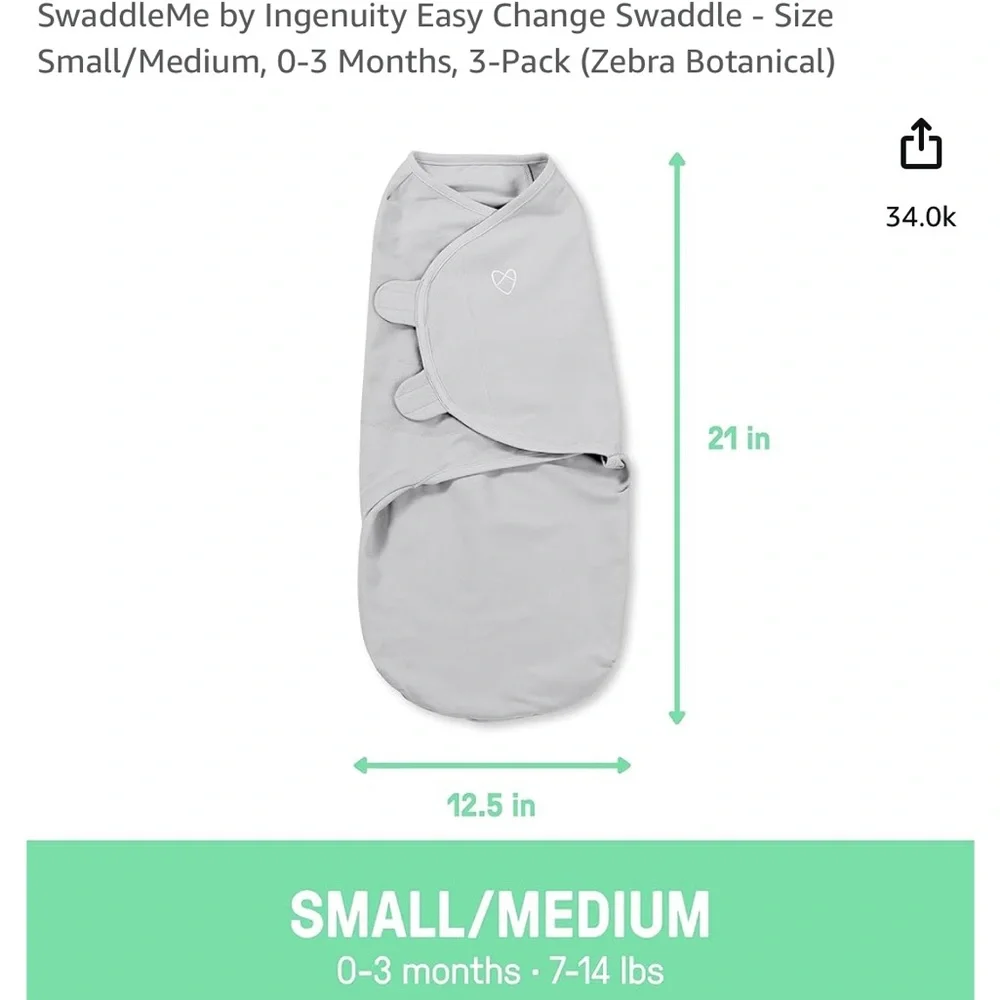 SwaddleMe 3-Pack Infant Sleep Sacks in Gray, Mint, and White Leaf Print